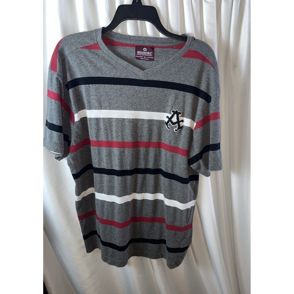 Akademics Men’s Striped V-.neck T-shirt Embroidered Size xL Y2K Hip-hop